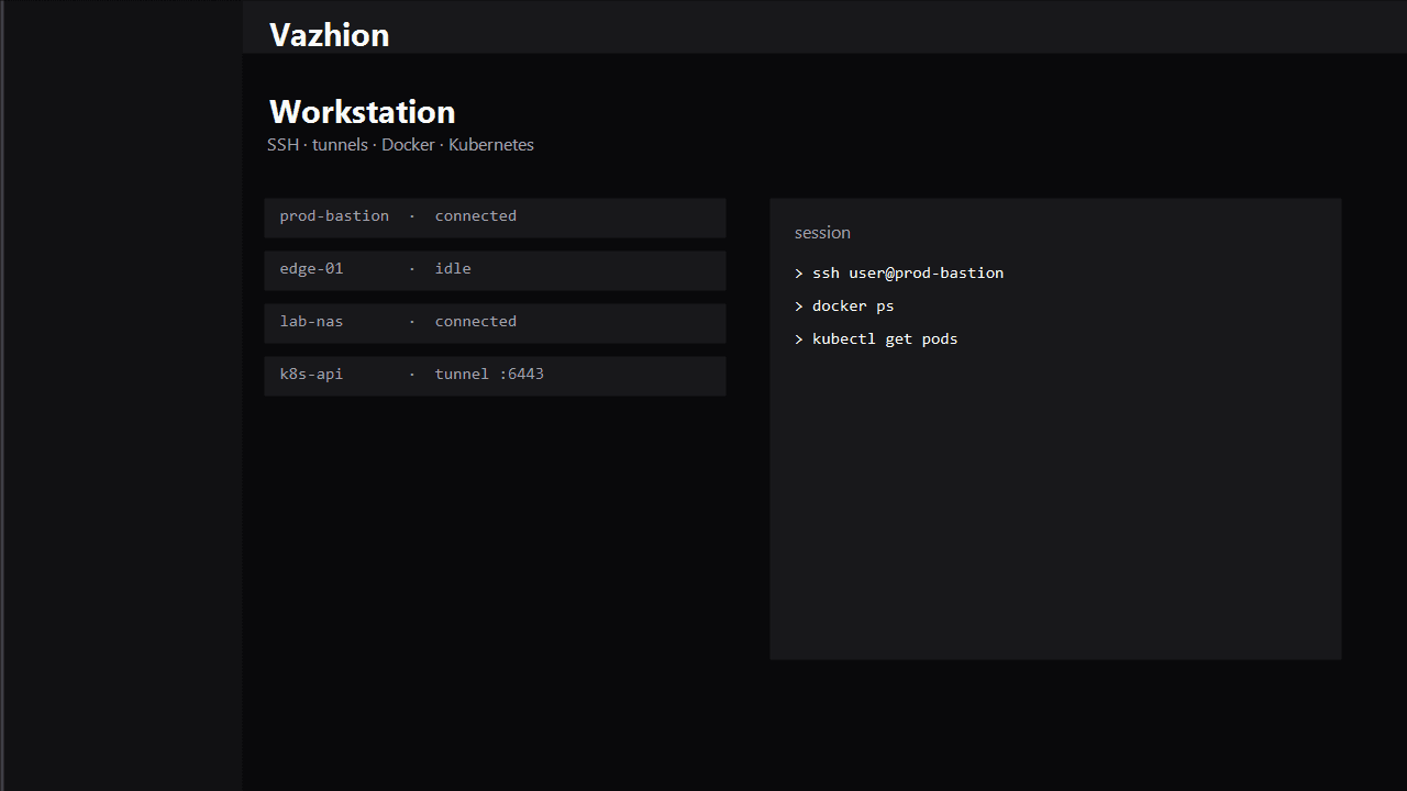 Vazhion desktop app showing sessions and terminal