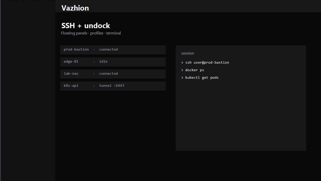 SSH profiles and undocked workspace in Vazhion