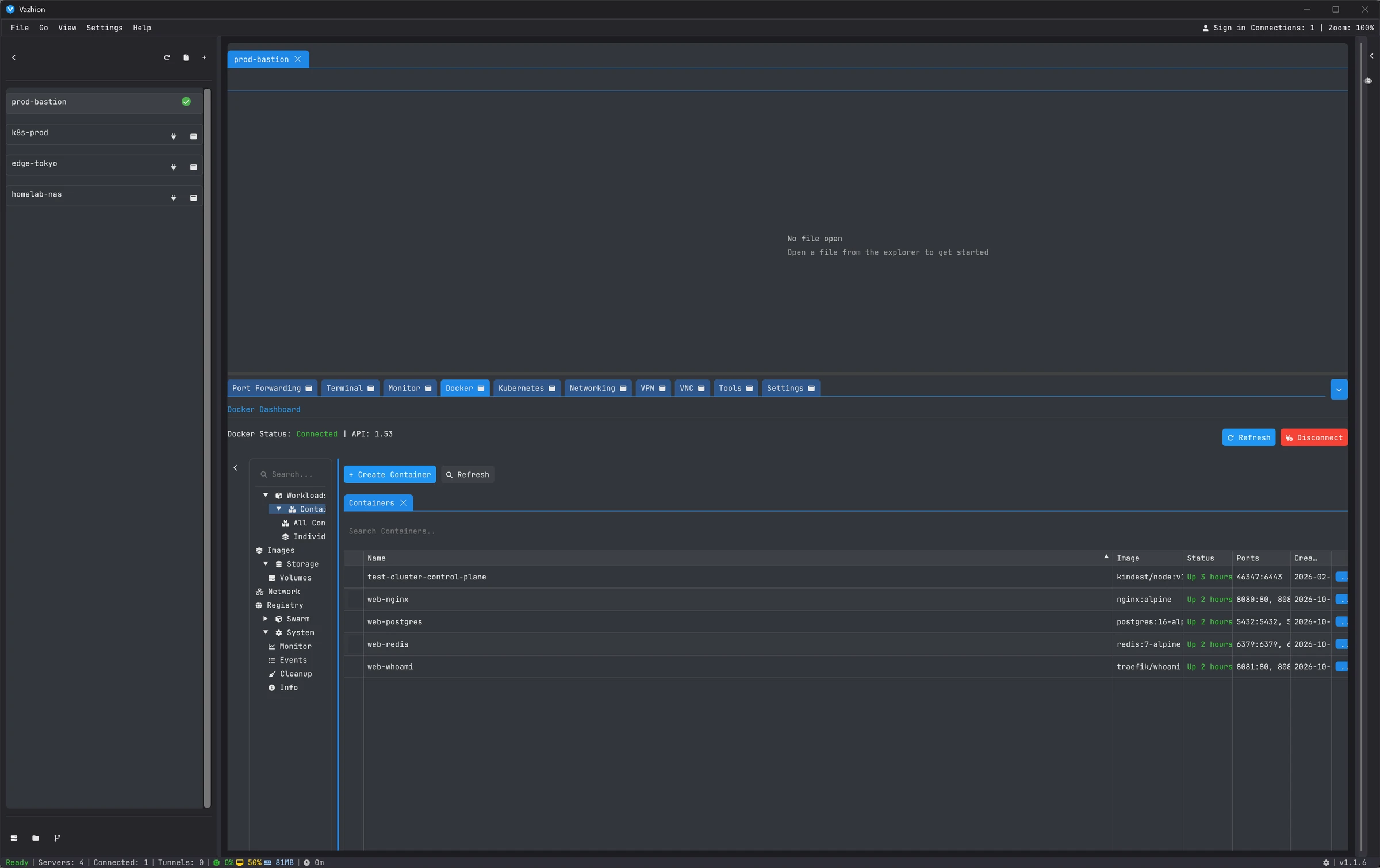 Docker container list on a remote host in Vazhion